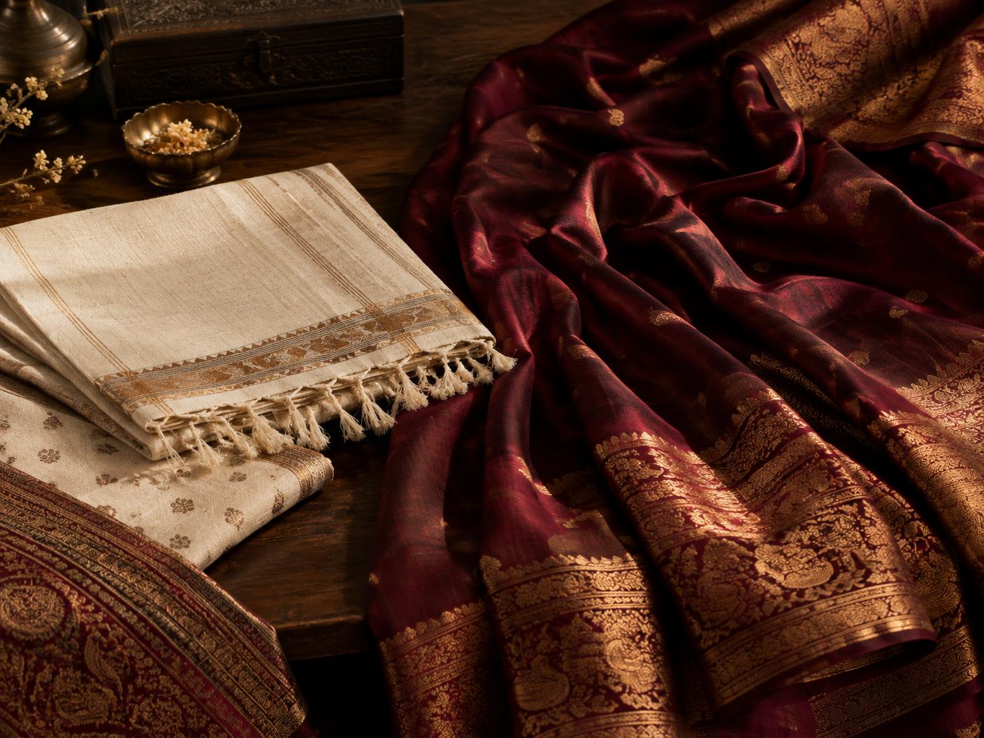 Richly woven burgundy and ivory Indian garments with gold detailing